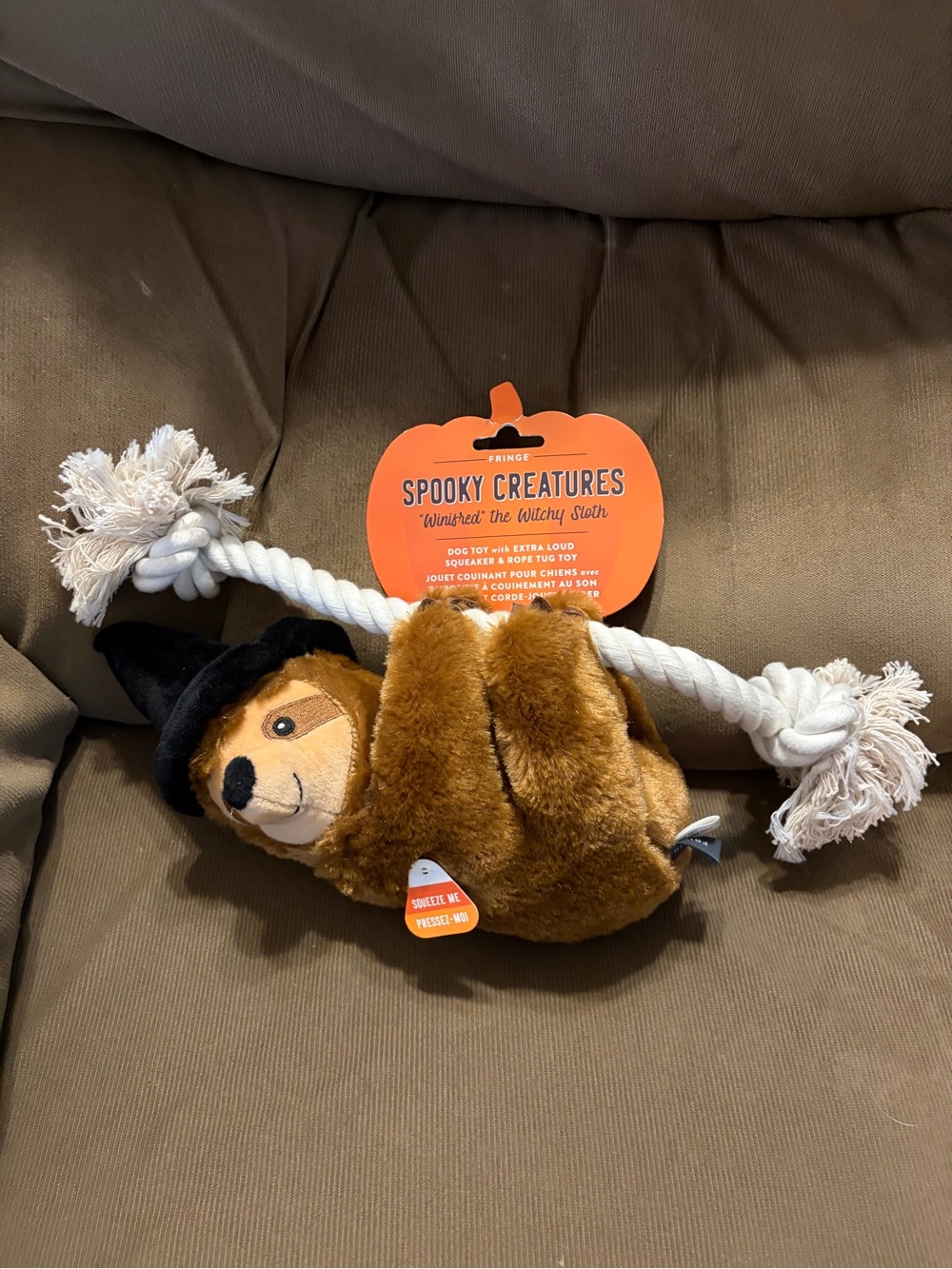 Petshop by Fringe Studio "Winifred" The Witchy Sloth on Rope Dog Toy w/Squeaker
